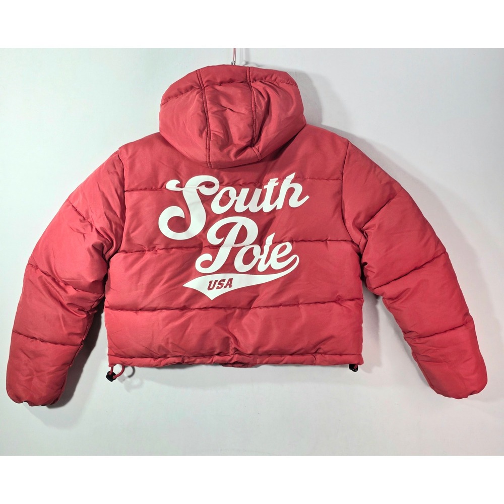 Southpole Womens Cropped Puffer Jacket Red Faux Fur Hood Script Logo Size L